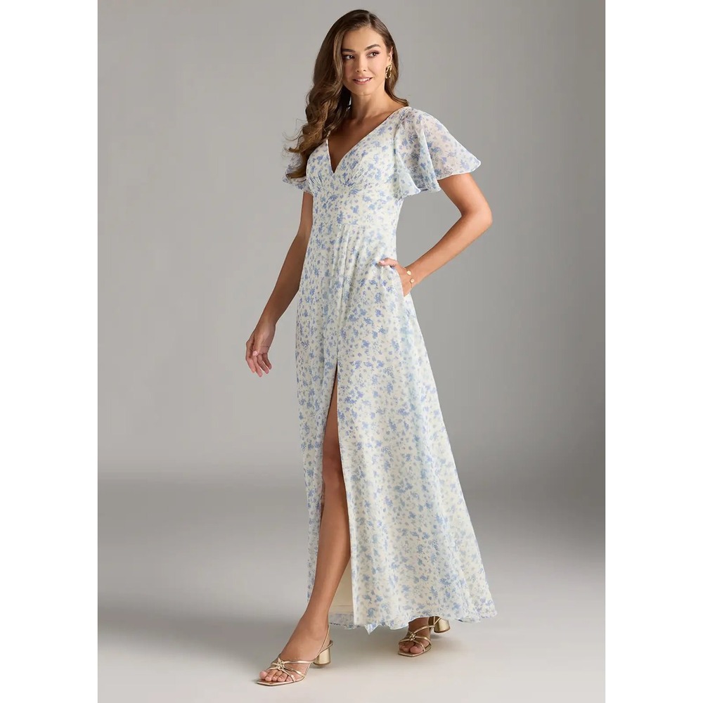 Azazie Kimber Blue Ditsy Floral Chiffon Maxi Dress Flutter Sleeve Size 18 NEW